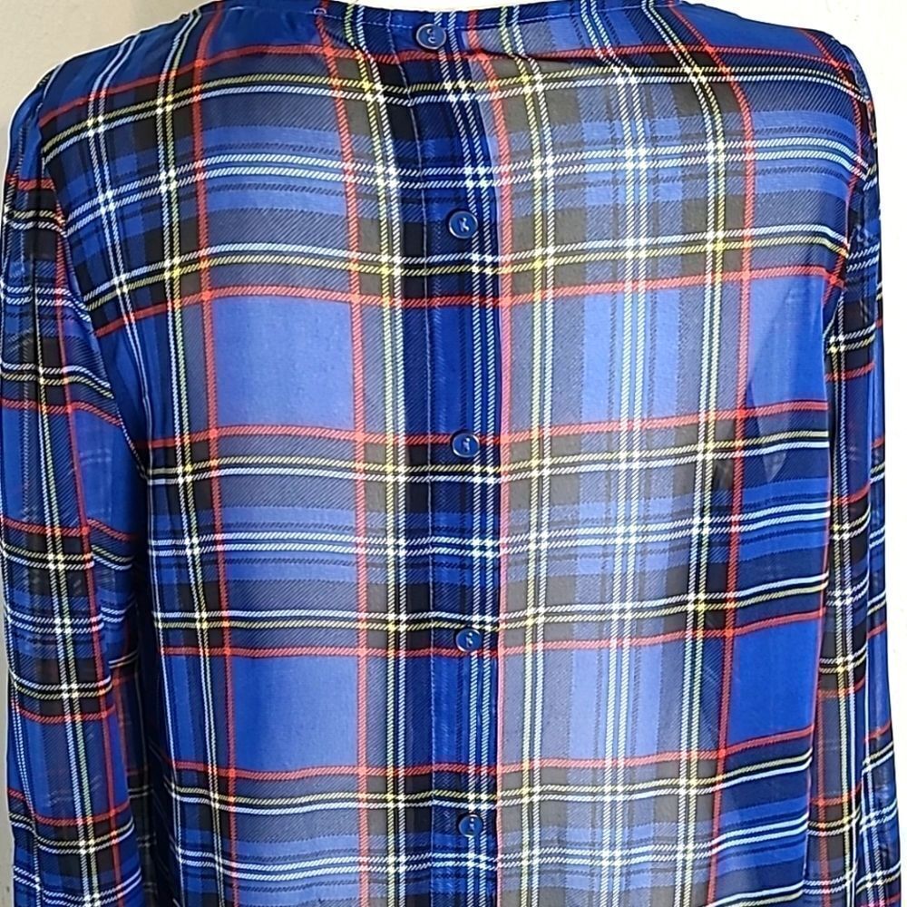 E hangar M Royal Blue Plaid Sheer Top w/Gold Accent Neckline, Size Large - Picture 9 of 11